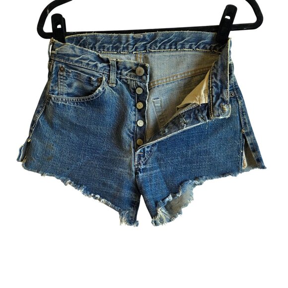 Vtg Levis 501 Jean Shorts Womens 26 70s Big E Selvedge Cut Off Distress Thrashed - Picture 2 of 11